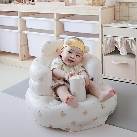 Baby Inflatable Seat with Suction Cups for Babies 3 Months & Up, Baby Floor Seats for Sitting Up with Built in Air Pump, Blow Up Baby Chair for Infants - Bear Head