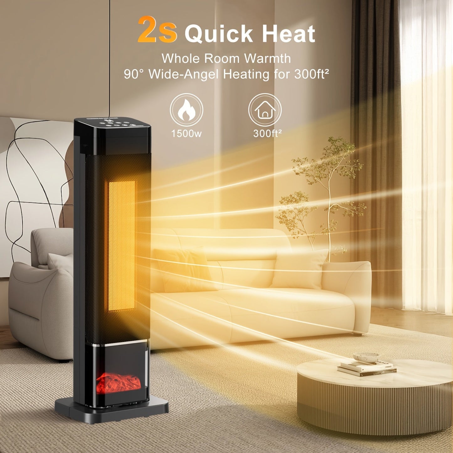24inch Space Heaters for Indoor Use, Portable Heater with 3 Light Colors, Adjustable Thermostat with Remote, Tip-over Protection Up to 95°F, 60°Oscillation,stop operating 30 seconds after the power is cut off.