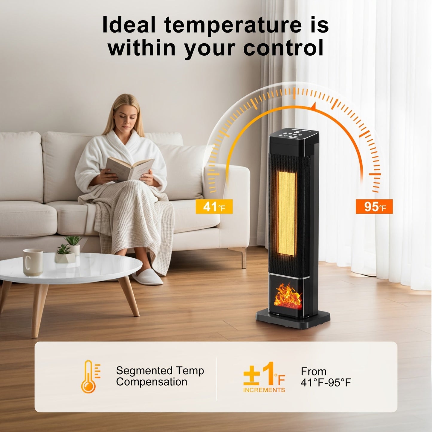 24inch Space Heaters for Indoor Use, Portable Heater with 3 Light Colors, Adjustable Thermostat with Remote, Tip-over Protection Up to 95°F, 60°Oscillation,stop operating 30 seconds after the power is cut off.