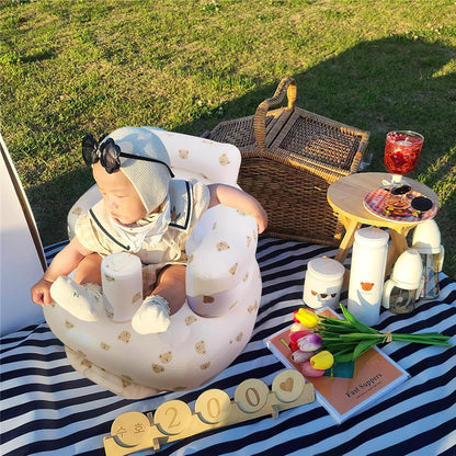 Aufblasbarer Babysitz mit Saugnäpfen für Babys ab 3 Monaten, Babystuhlsitz zum Sitzen mit integrierter Luftpumpe, aufblasbarer Babystuhl für Kleinkinder - Bärenkopf