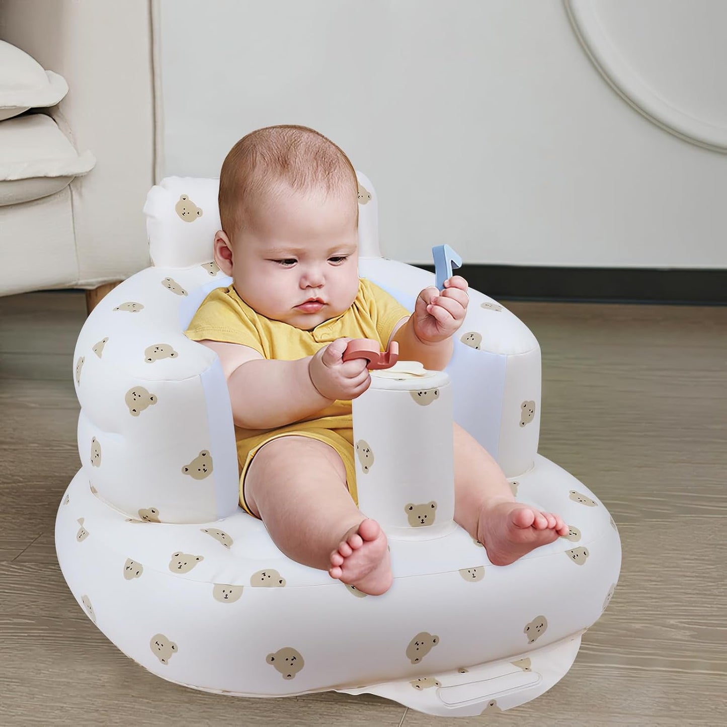 Aufblasbarer Babysitz mit Saugnäpfen für Babys ab 3 Monaten, Babystuhlsitz zum Sitzen mit integrierter Luftpumpe, aufblasbarer Babystuhl für Kleinkinder - Bärenkopf