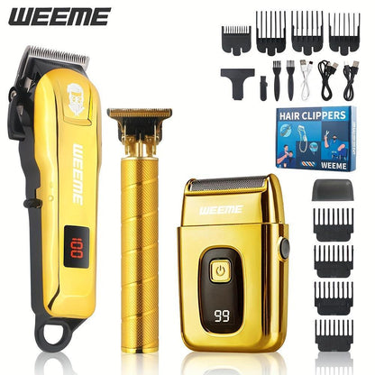 3-Piece Professional Blonde Hair Clipper & Trimmer Kit for Men - USB-Rechargeable Barber Set Featuring LCD Display, Adjustable Blade Hair Clippers, and Professional Men's Trimmer